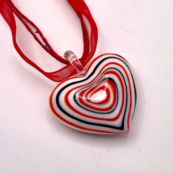 Vintage Patriotic Red White Blue Murano Glass Heart Pendant Necklace - Picture 9 of 16